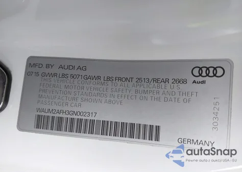 2016 Audi A5 2.0T Premium из США, поврежденный, VIN WAUM2AFH3GN002317